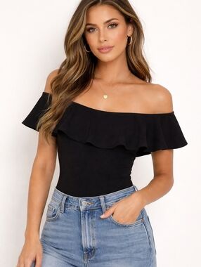 Chrissy Teigen X Revolve Classic Black Dramatic Ruffle Off Shoulder Bodysuit